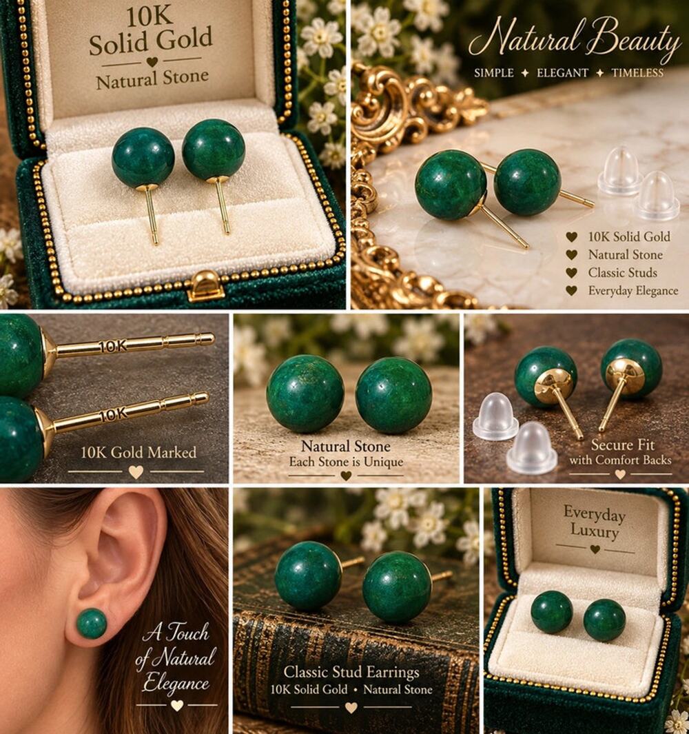 10k solid gold post with natural malachite stone